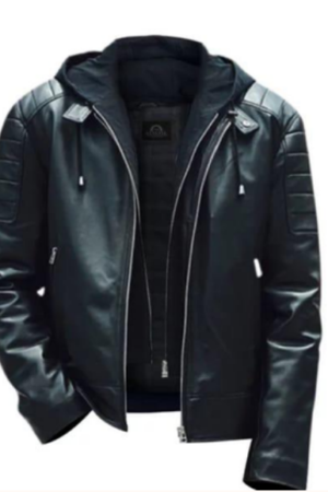 Men's Black Hooded Leather Jacket