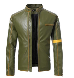 Men's Distressed Green Leather Jacket with Yellow Detailing