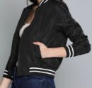 Women Black Solid Bomber Jacket with Stand Collar | TFC-WJ-002